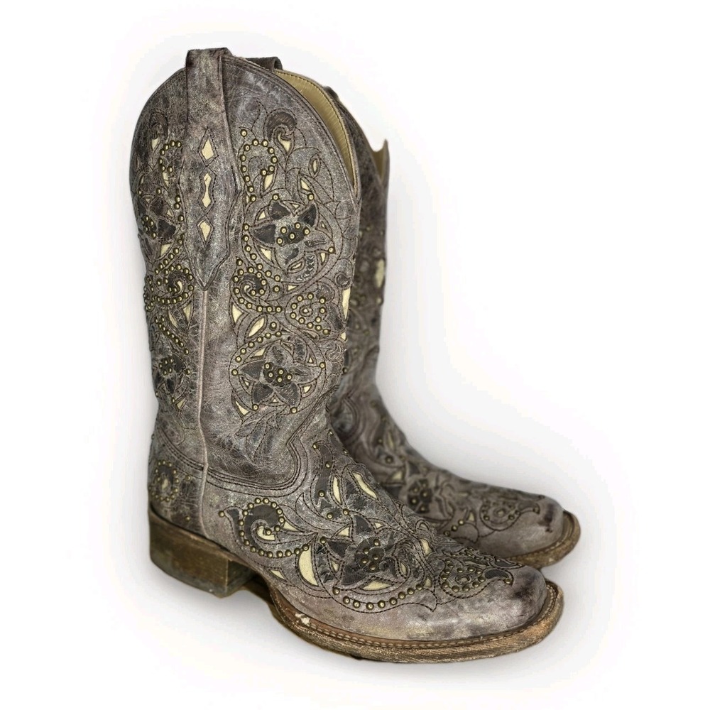Corral‎ Vintage Jessica Western Cowgirl Boots Brown Inlay Leather Studs Size 7.5